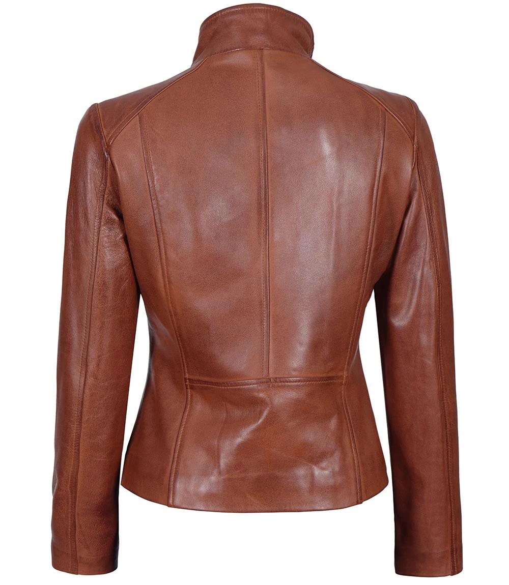 Arezzo Cognac Cafe Racer Style Women's Leather Jacket