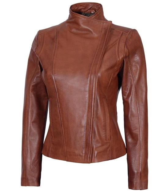 Arezzo Cognac Cafe Racer Style Women's Leather Jacket