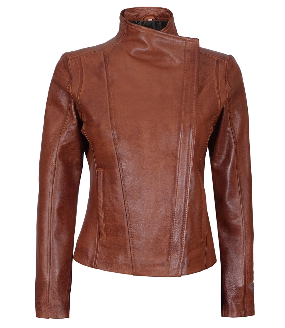 Arezzo Cognac Cafe Racer Style Women's Leather Jacket