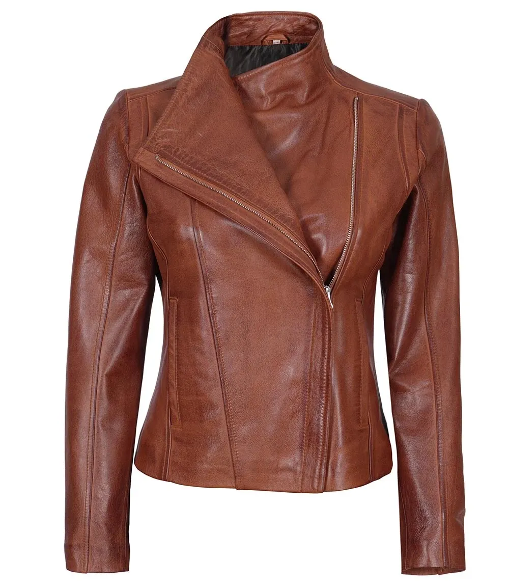 Arezzo Cognac Cafe Racer Style Women's Leather Jacket