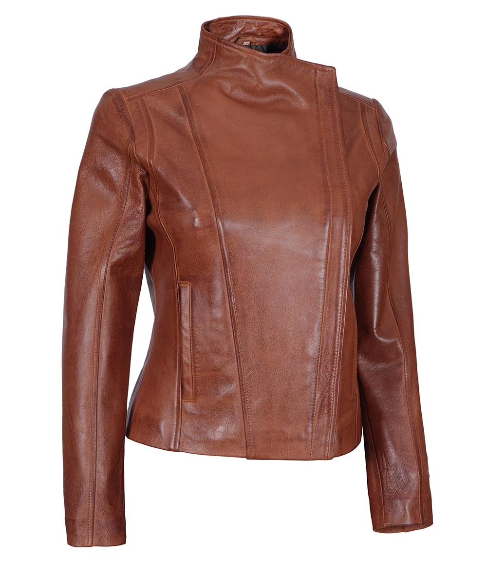 Arezzo Cognac Cafe Racer Style Women's Leather Jacket