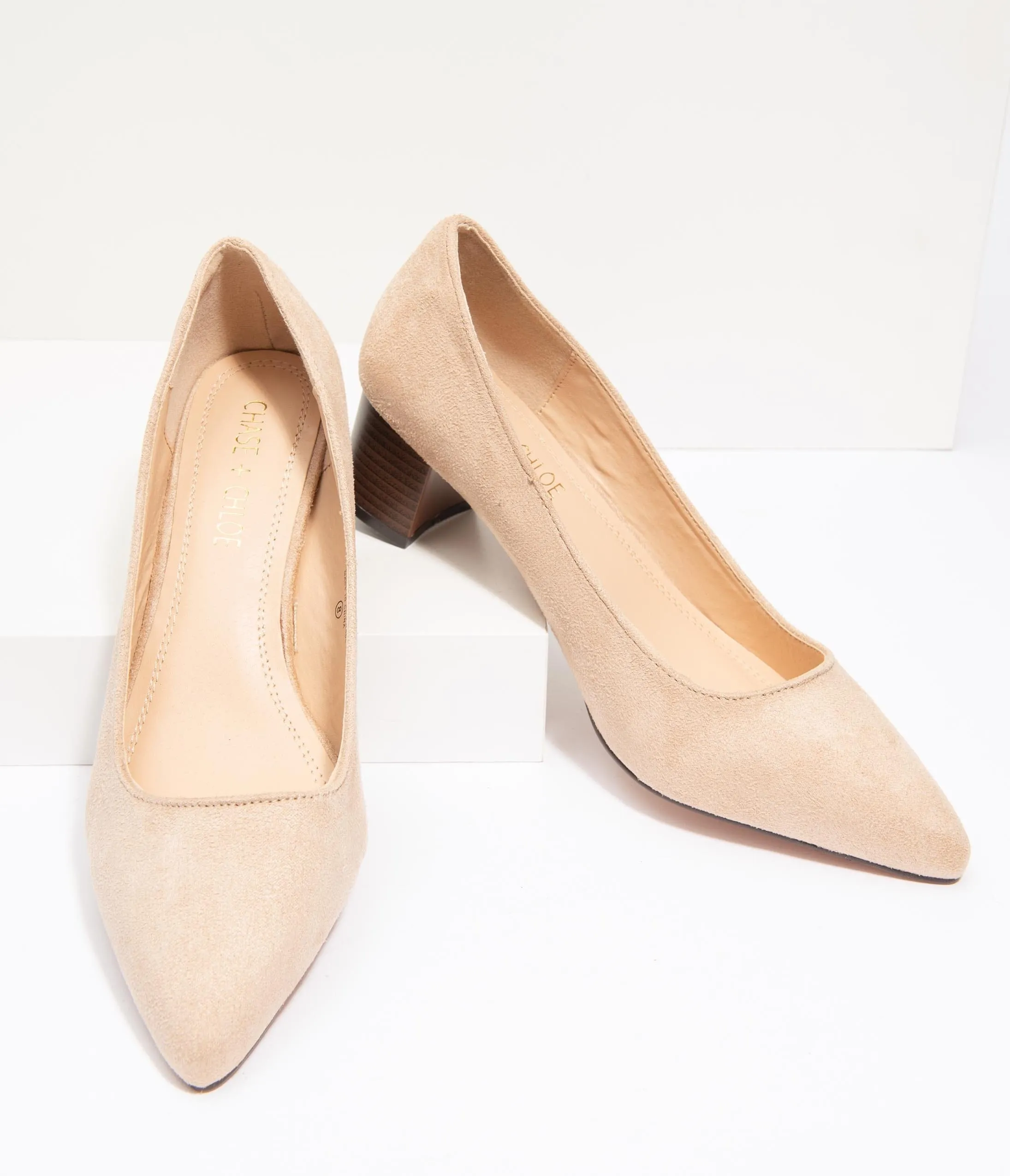 Beige Suede Pointed Toe Stacked Heels