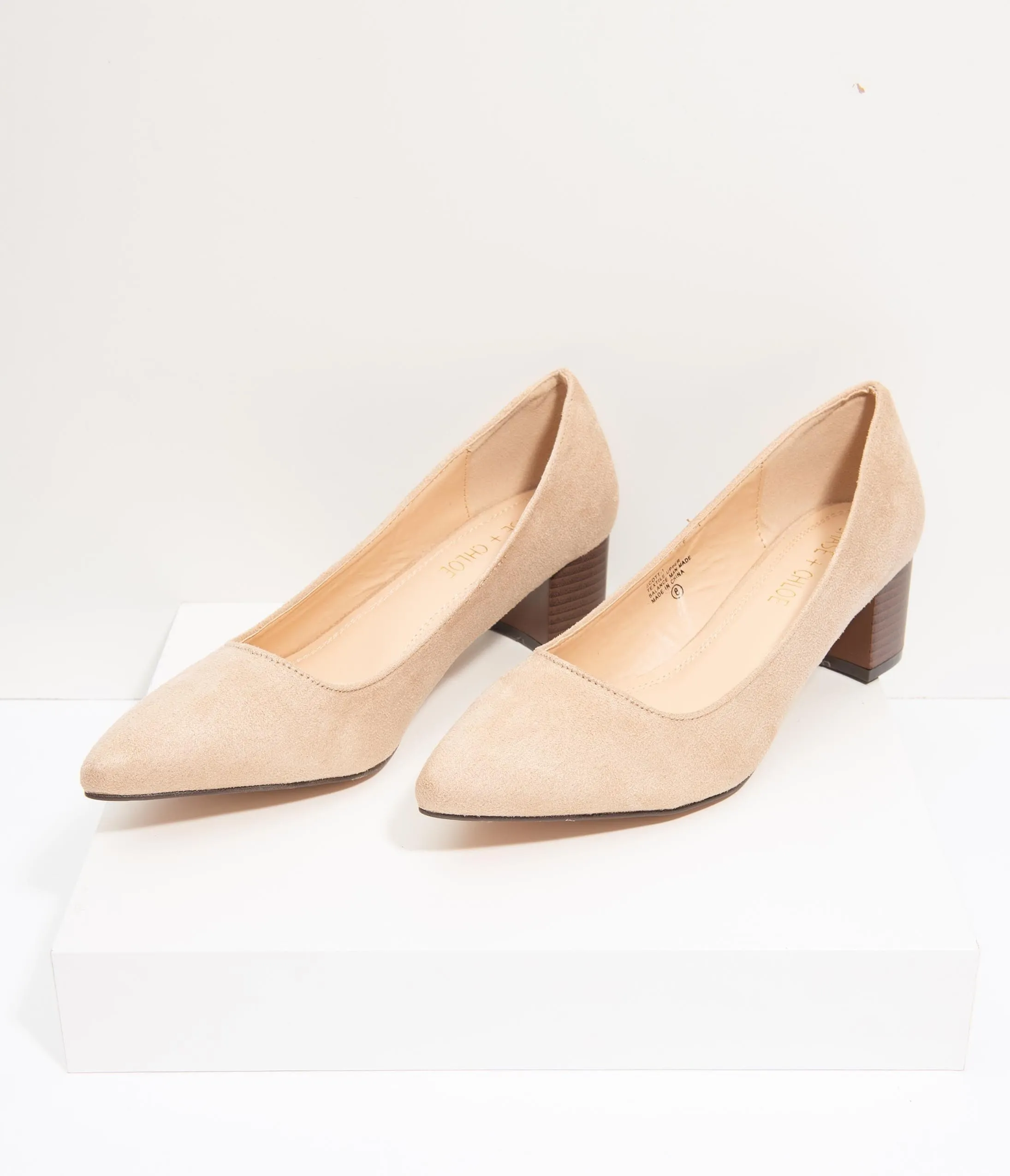 Beige Suede Pointed Toe Stacked Heels