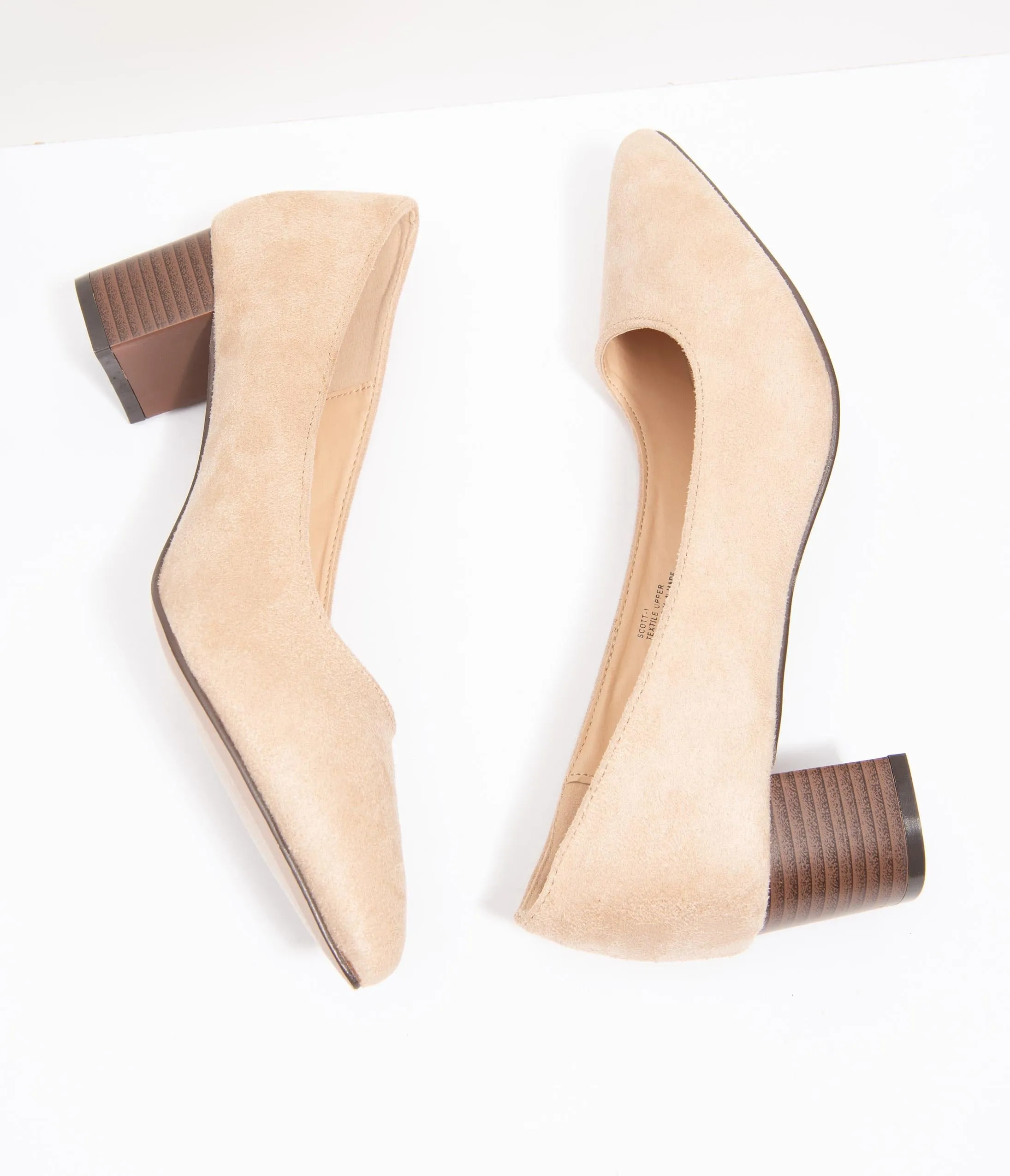 Beige Suede Pointed Toe Stacked Heels