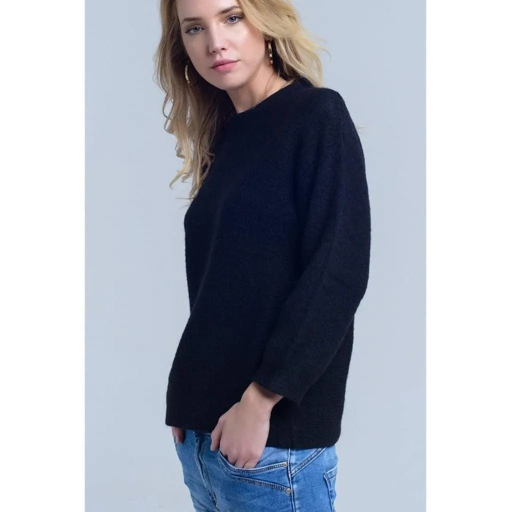 Black Knit Crew Neck Sweater