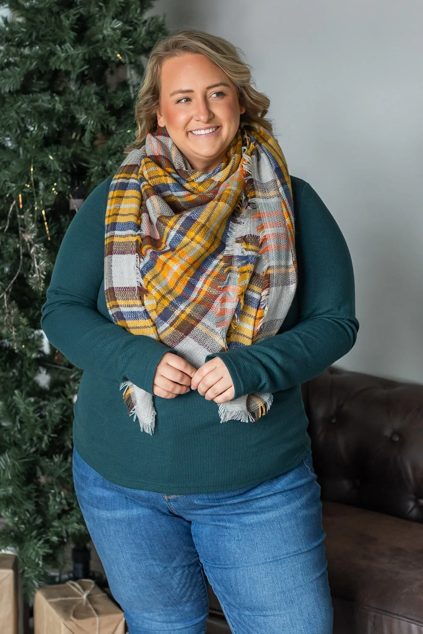 Blanket Scarf - Mustard and Blue Plaid