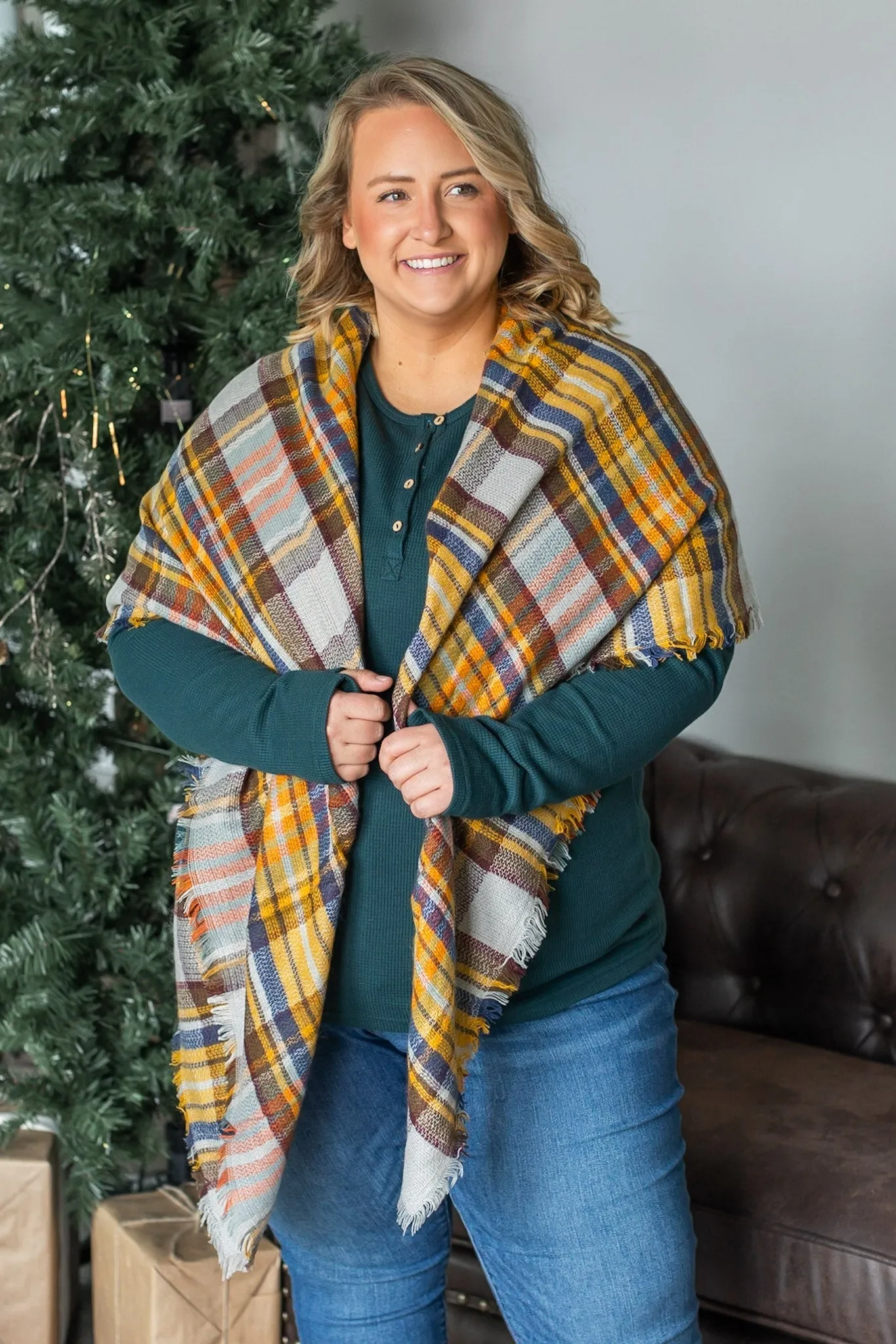 Blanket Scarf - Mustard and Blue Plaid