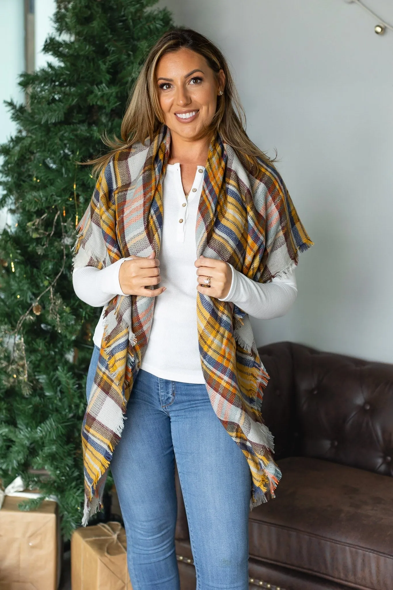 Blanket Scarf - Mustard and Blue Plaid