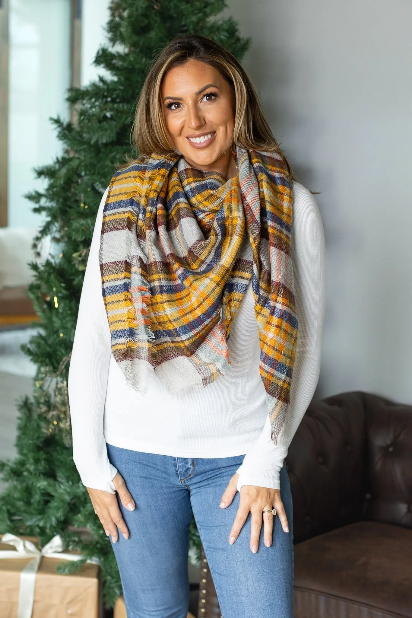 Blanket Scarf - Mustard and Blue Plaid