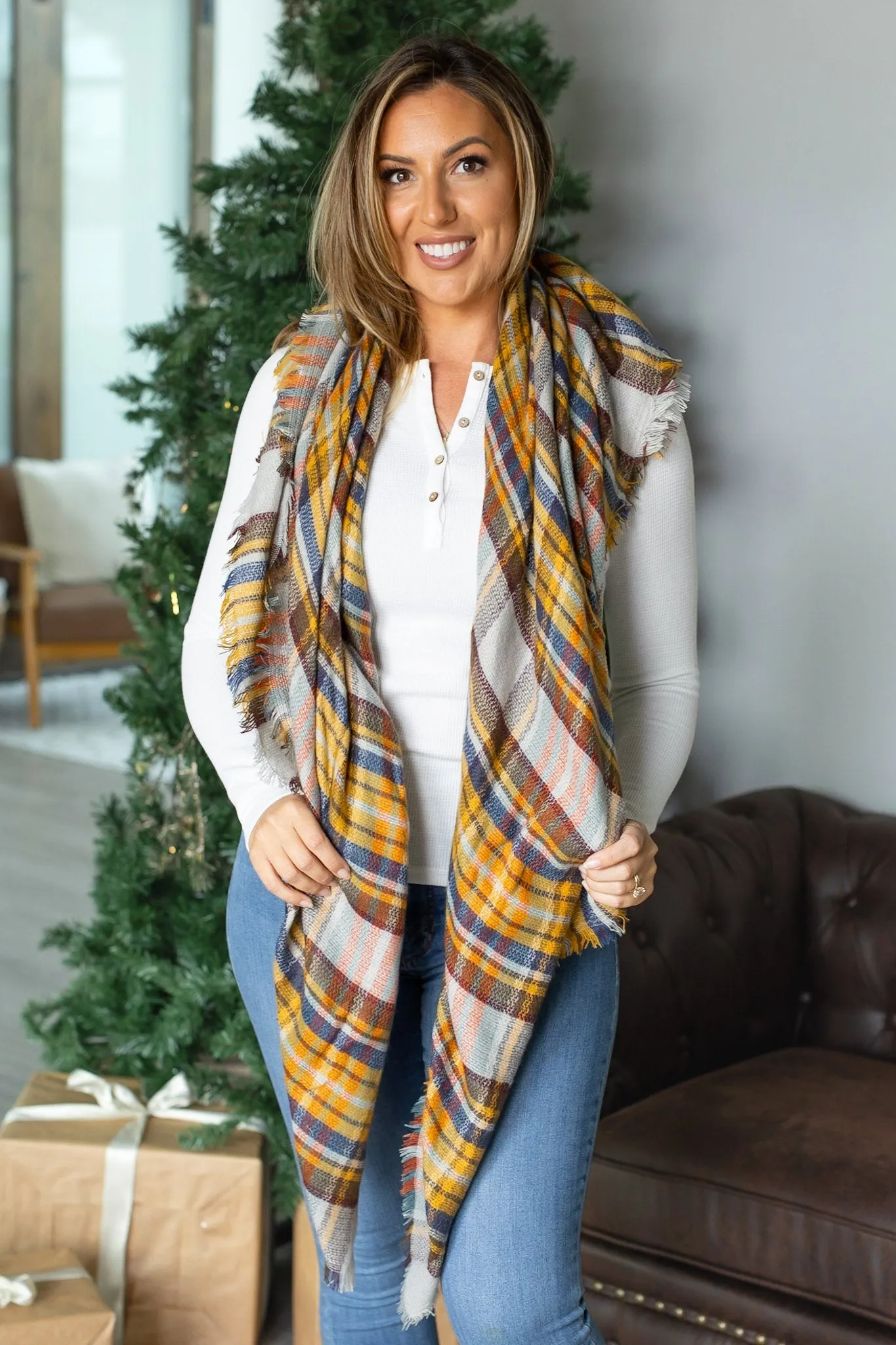 Blanket Scarf - Mustard and Blue Plaid