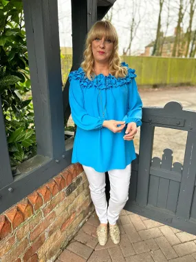 Blue Ruffle Bardot Top Heidi