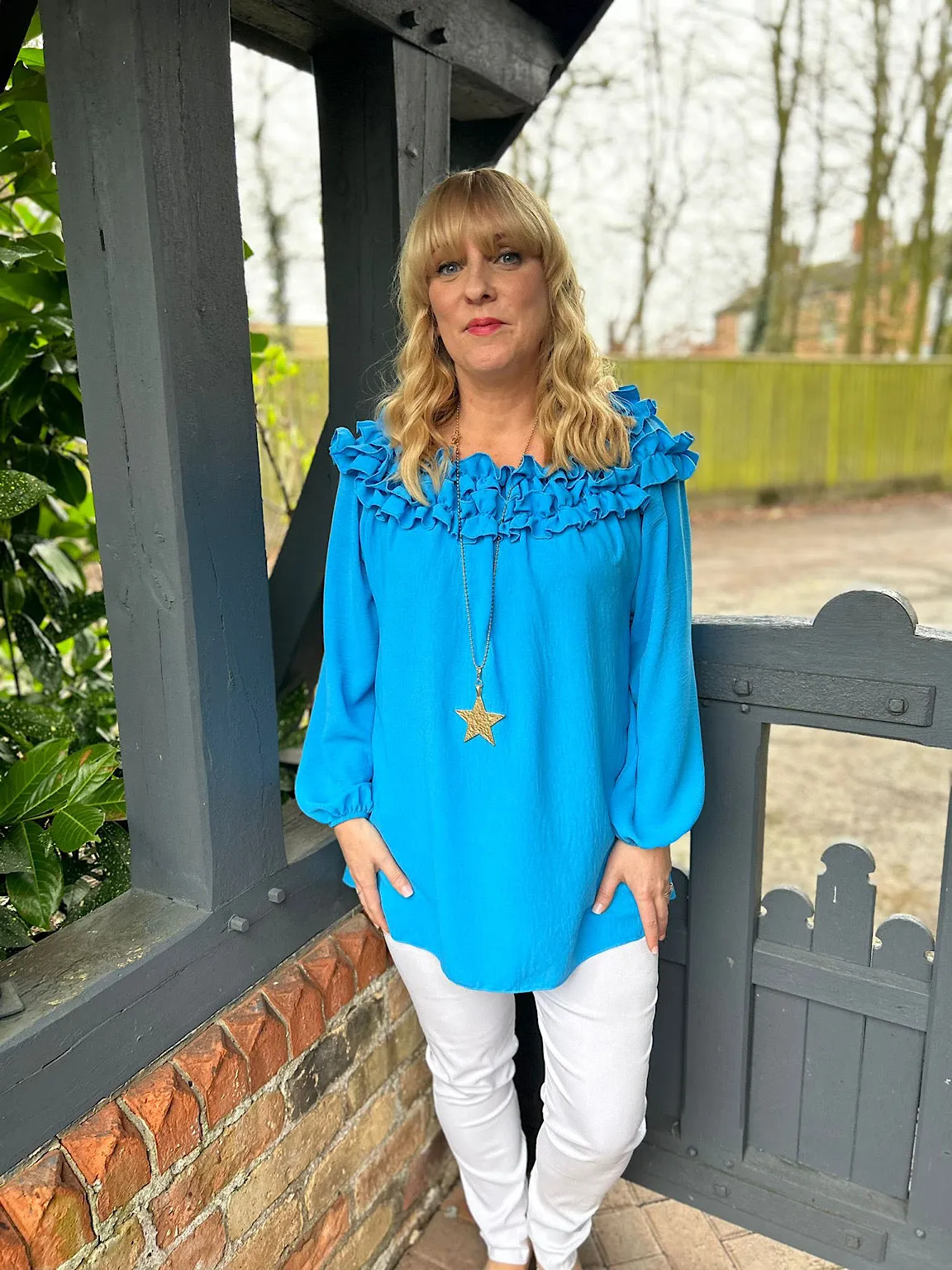 Blue Ruffle Bardot Top Heidi