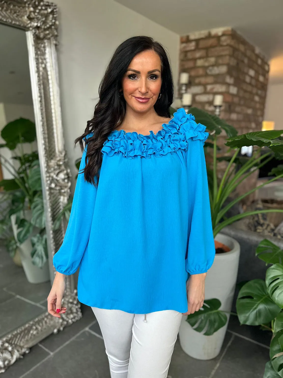 Blue Ruffle Bardot Top Heidi