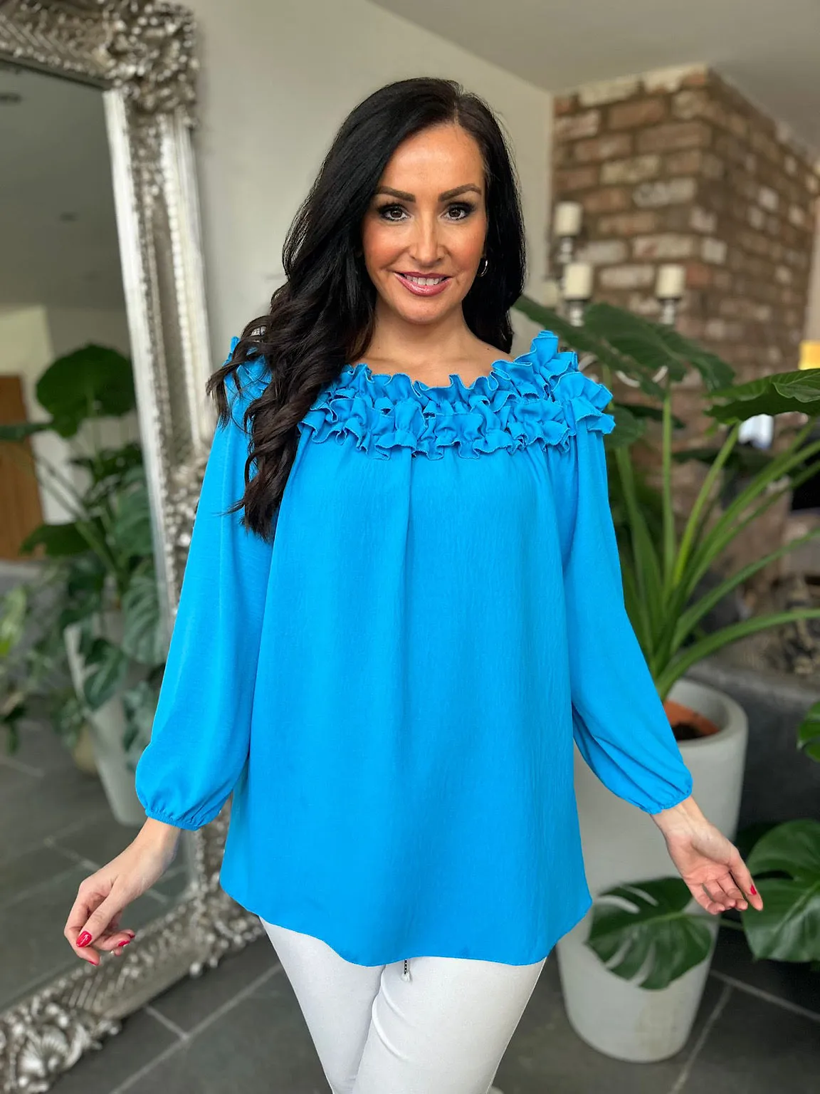 Blue Ruffle Bardot Top Heidi