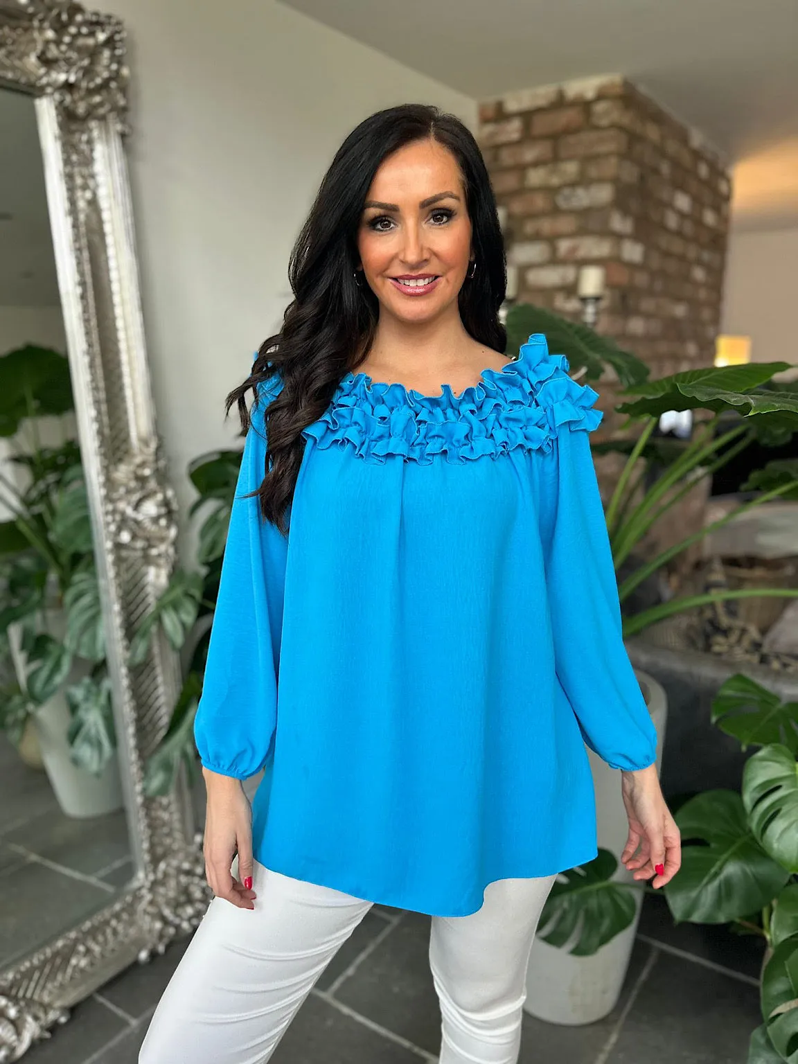 Blue Ruffle Bardot Top Heidi