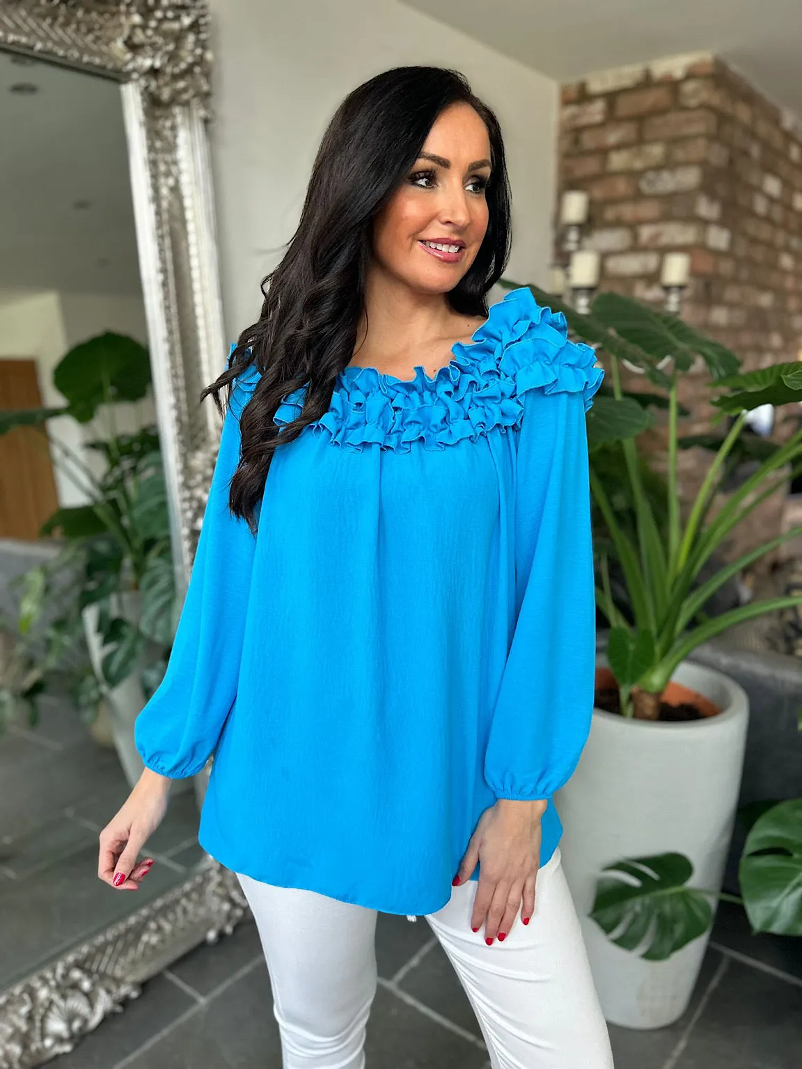 Blue Ruffle Bardot Top Heidi