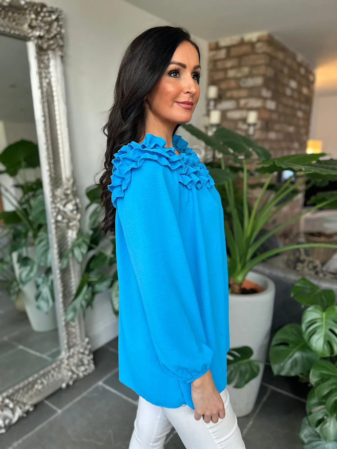 Blue Ruffle Bardot Top Heidi