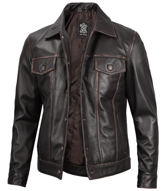 Dark Brown Trucker Leather Jacket Men's