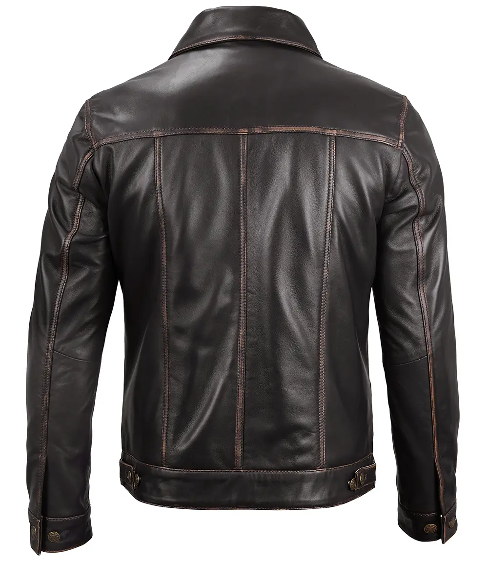 Dark Brown Trucker Leather Jacket Men's