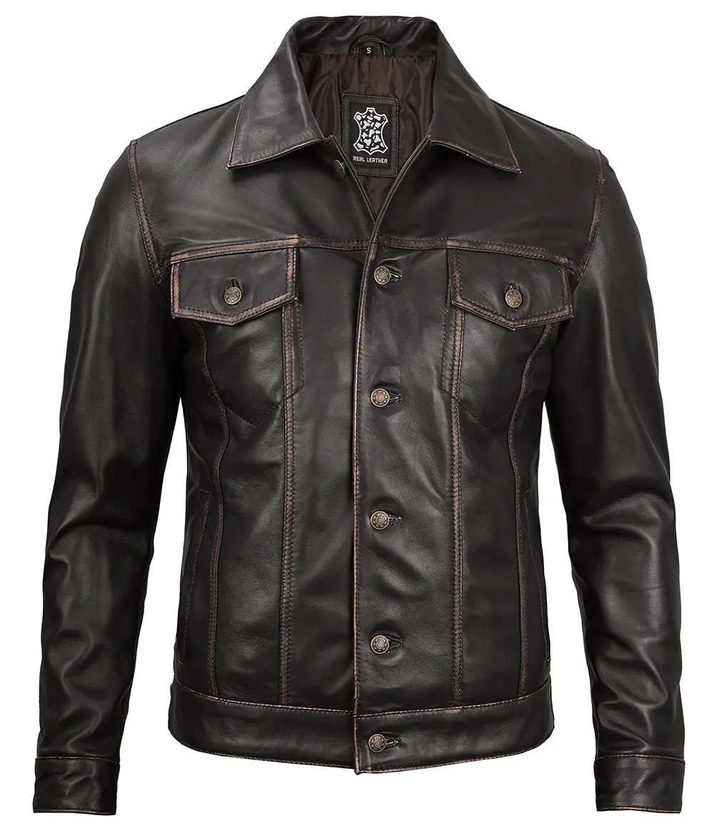 Dark Brown Trucker Leather Jacket Men's