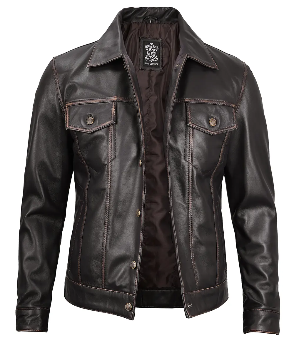 Dark Brown Trucker Leather Jacket Men's