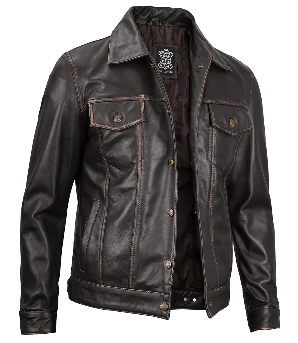 Dark Brown Trucker Leather Jacket Men's