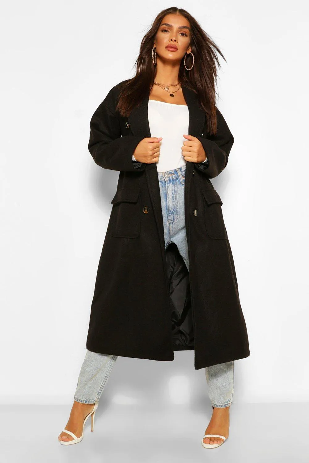 Double Breasted Belted Wool Look Coat