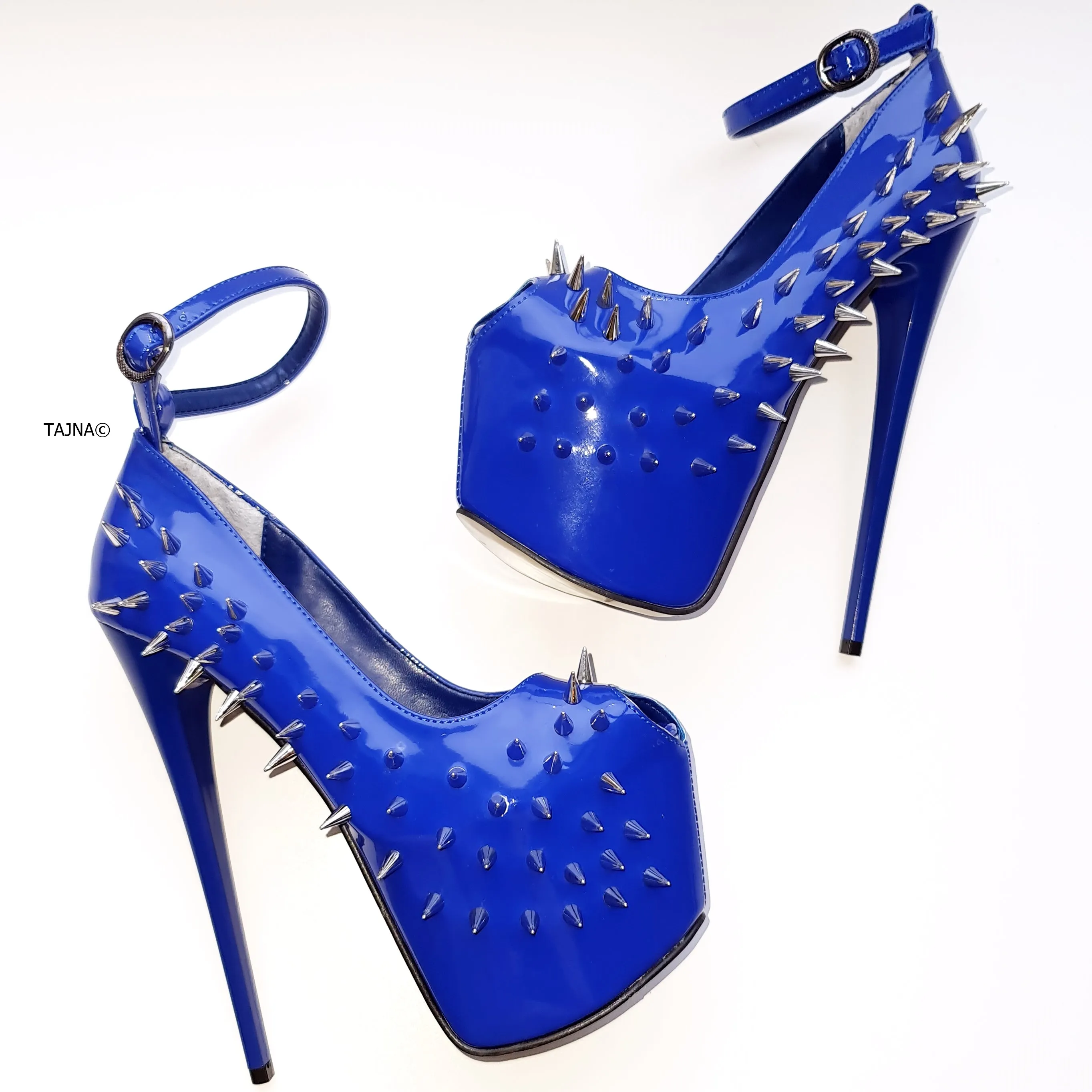 Electric Blue Gloss Spike Studded Ankle Strap Heels