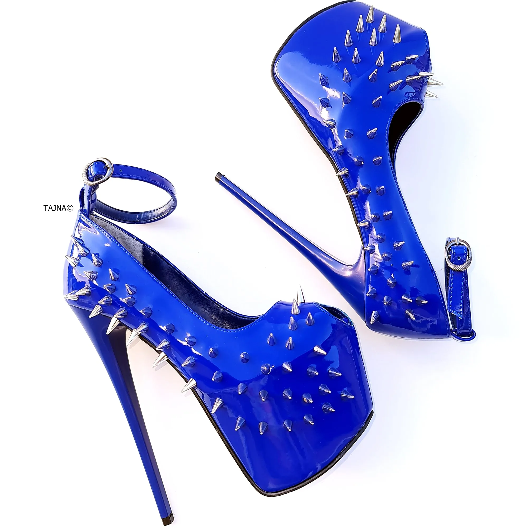 Electric Blue Gloss Spike Studded Ankle Strap Heels