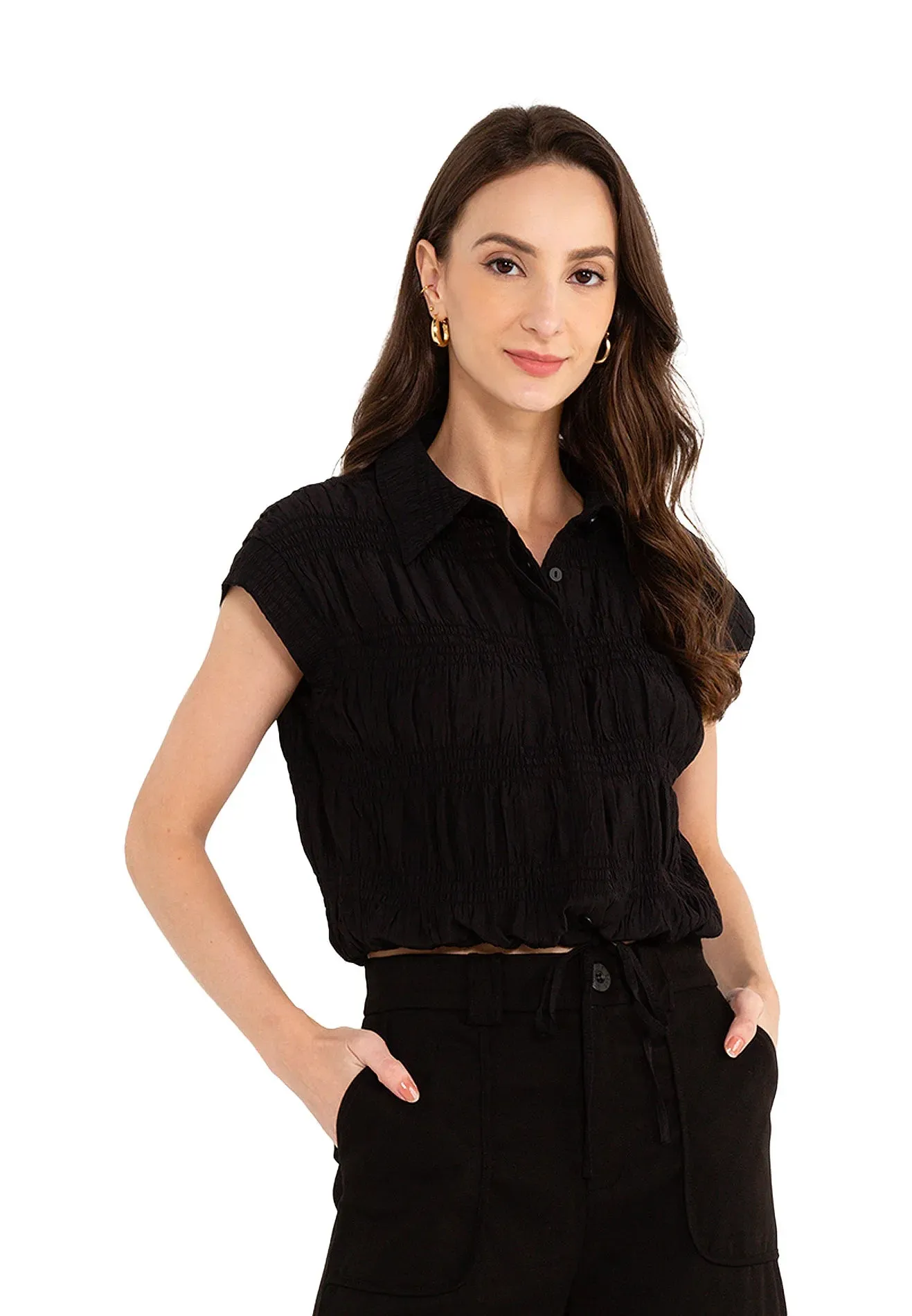 ELLE Apparel Button Front Crop Ruched Blouse