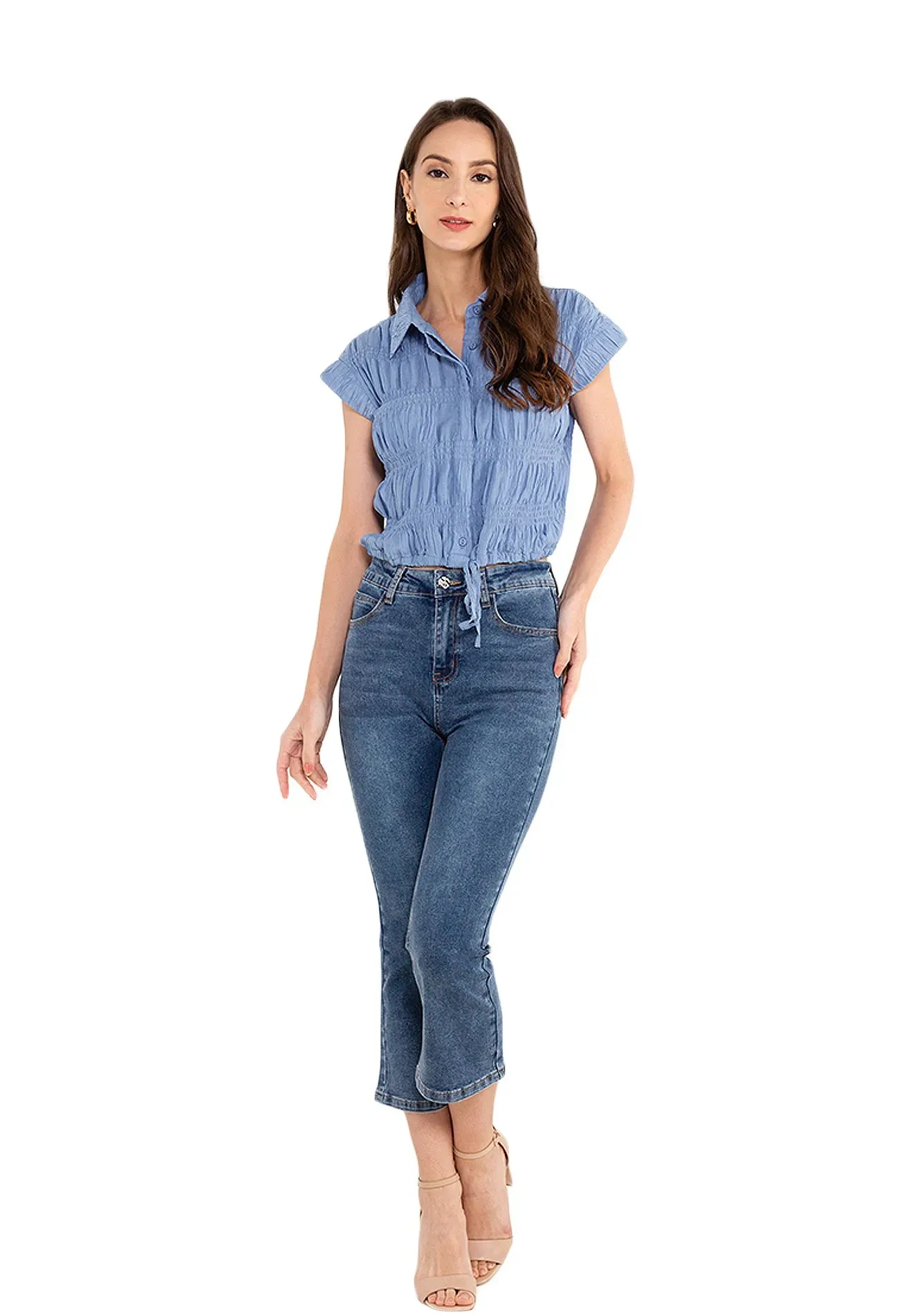 ELLE Apparel Button Front Crop Ruched Blouse