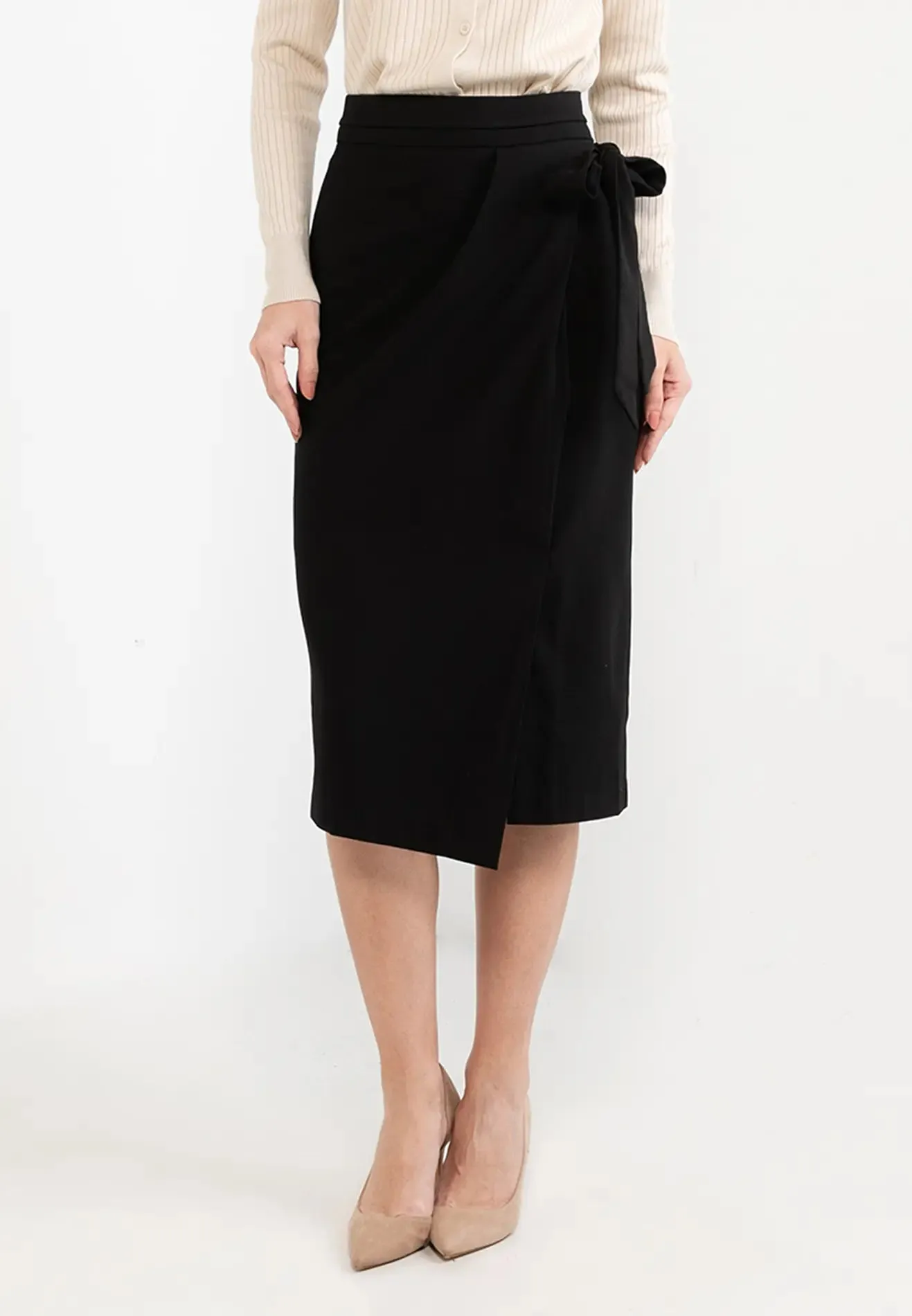 ELLE Apparel High Waisted Ribbon Tie Midi Skirt