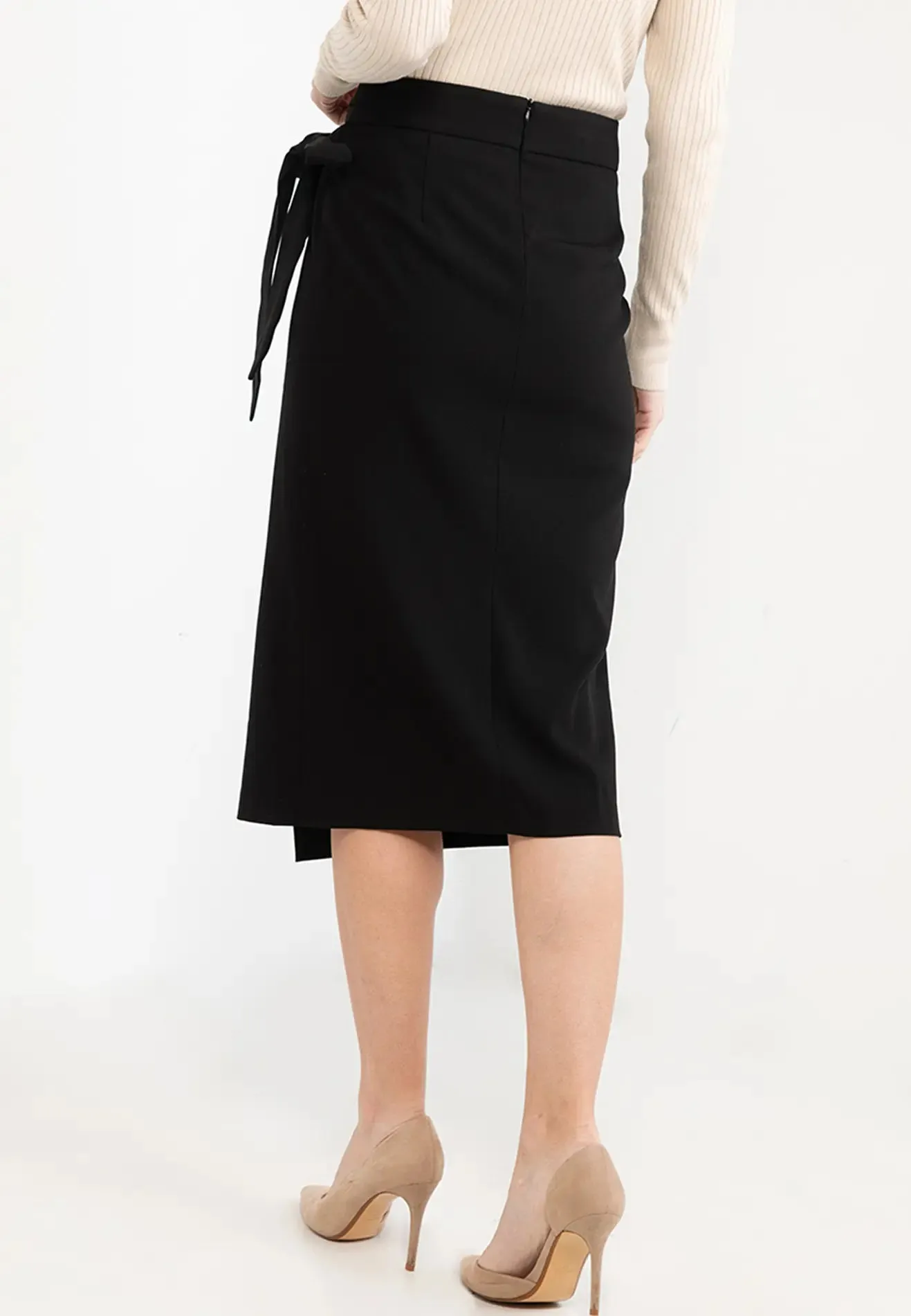 ELLE Apparel High Waisted Ribbon Tie Midi Skirt