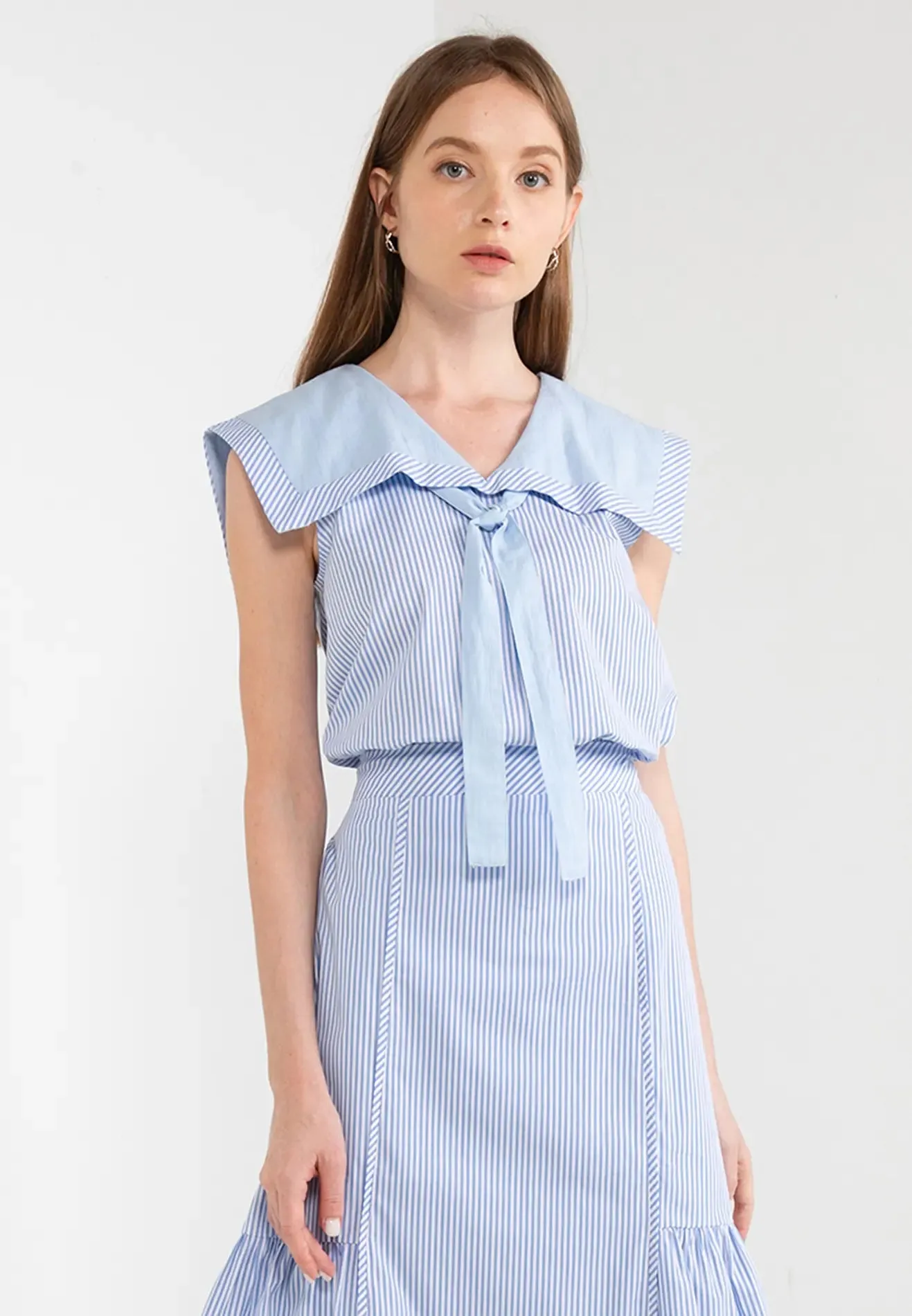 ELLE Apparel Sailor Collar Bow-Tie Striped Top