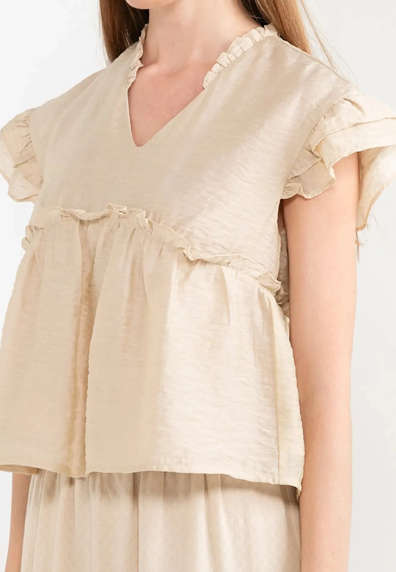 ELLE Apparel V-Neck Double Frill Sleeves Blouse