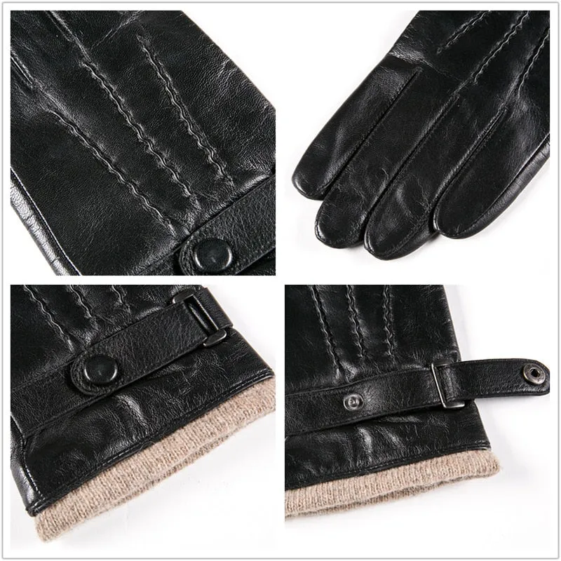 Fashion Black Goatskin Wool Lining Warm Hand Gloves for Men