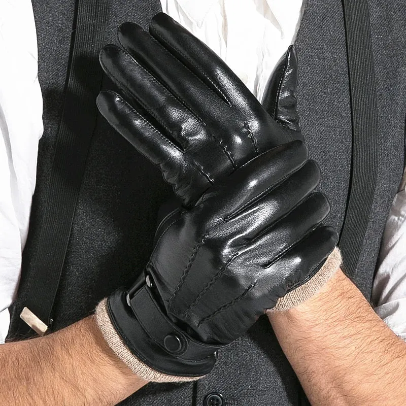 Fashion Black Goatskin Wool Lining Warm Hand Gloves for Men