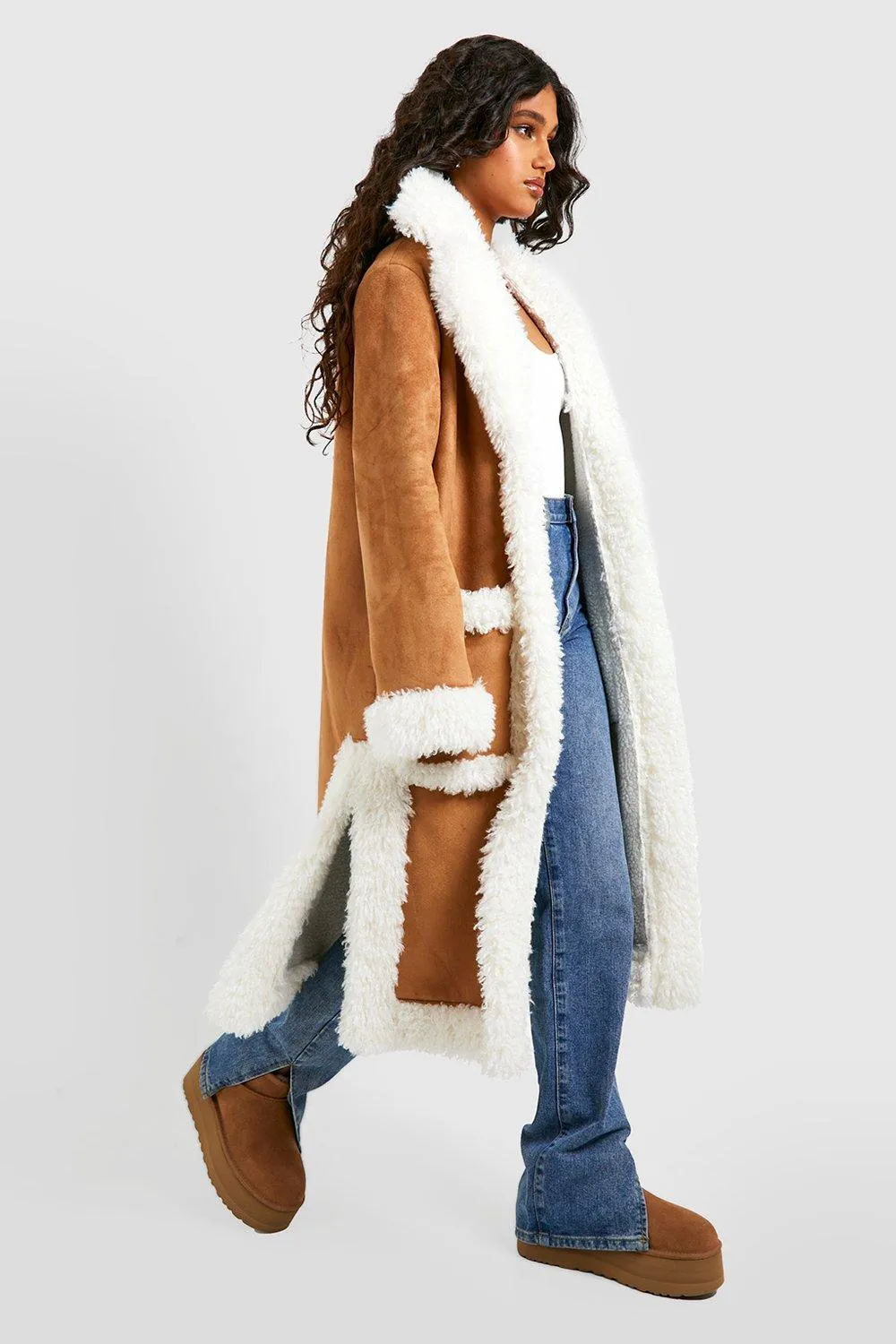 Faux Fur Trim Suedette Coat