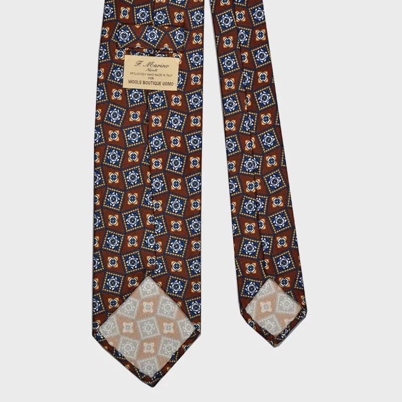 F.Marino Handmade 3 Folds Silk Tie Medallions Brown