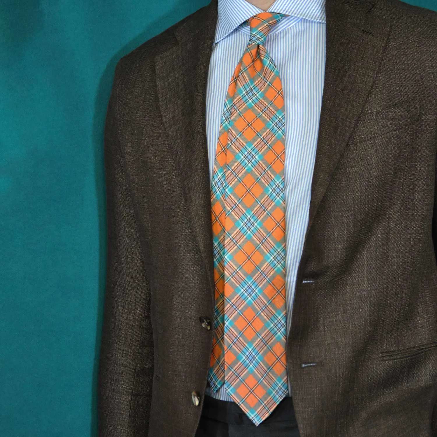 F.Marino Handmade Tie Linen Silk 3-Fold Tartan Orange