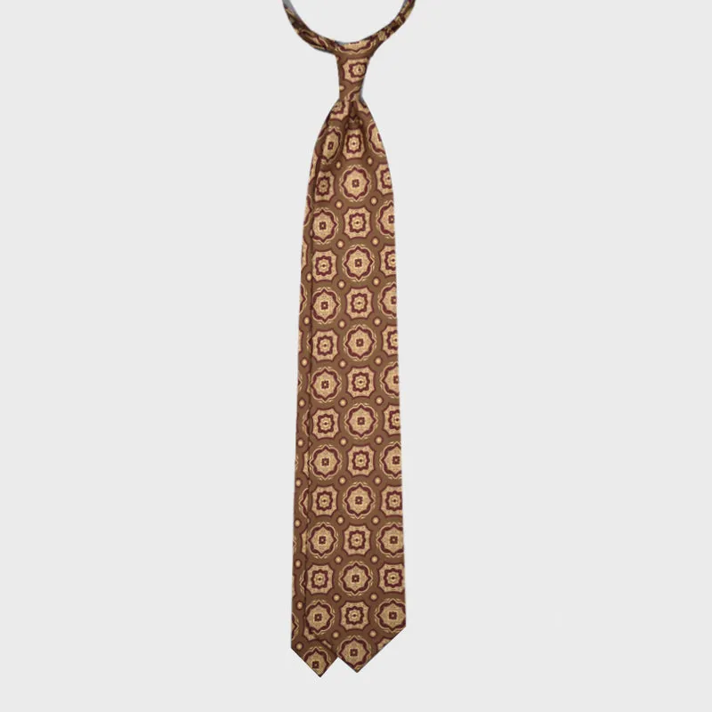 F.Marino Medallion Print Silk Tie 3 Folds Chewy Caramel Brown