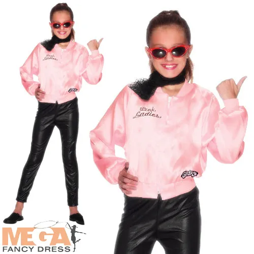 Girls 1950s Grease Movie Pink Ladies Jacket Fancy Dress Costume