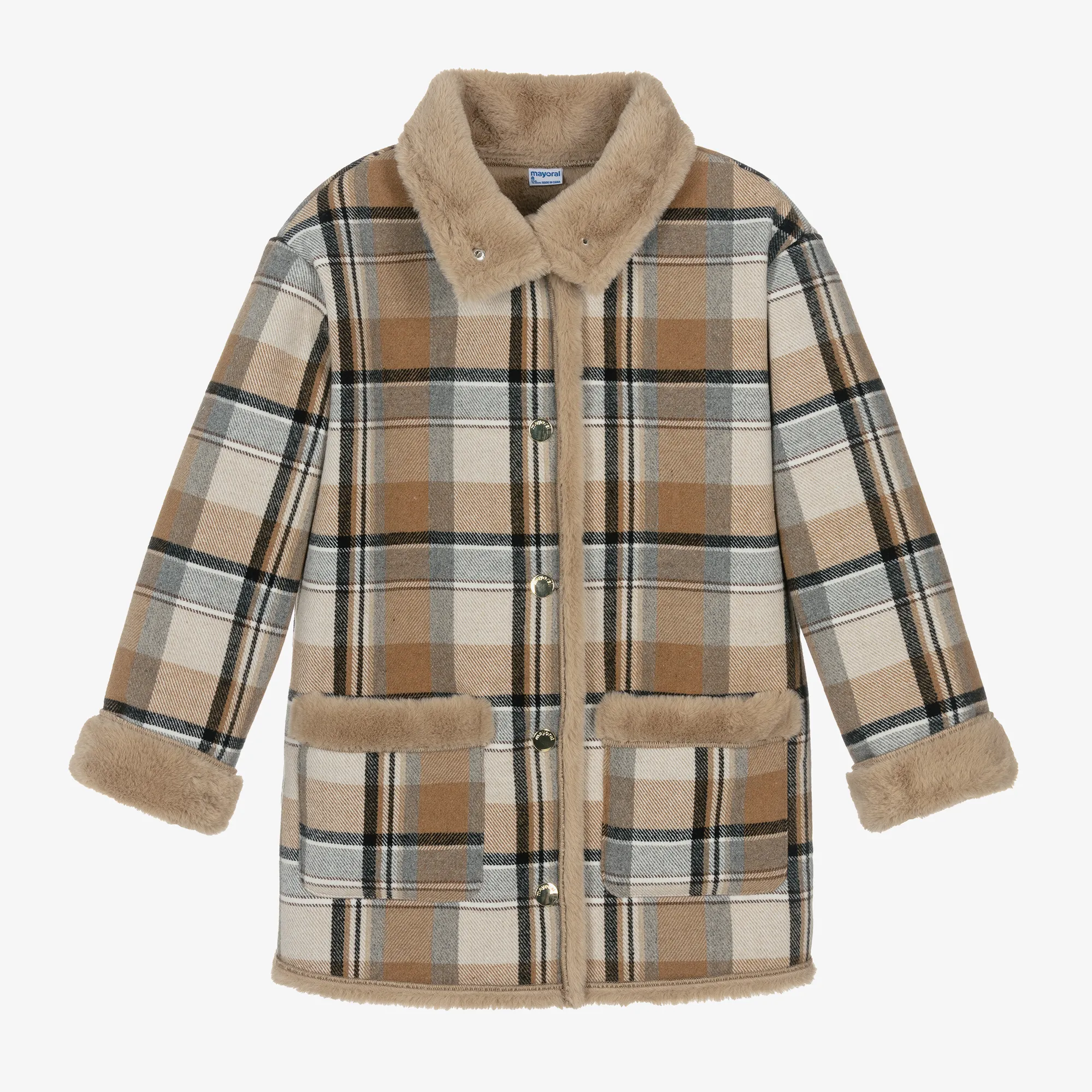 Girls Beige Checked Coat