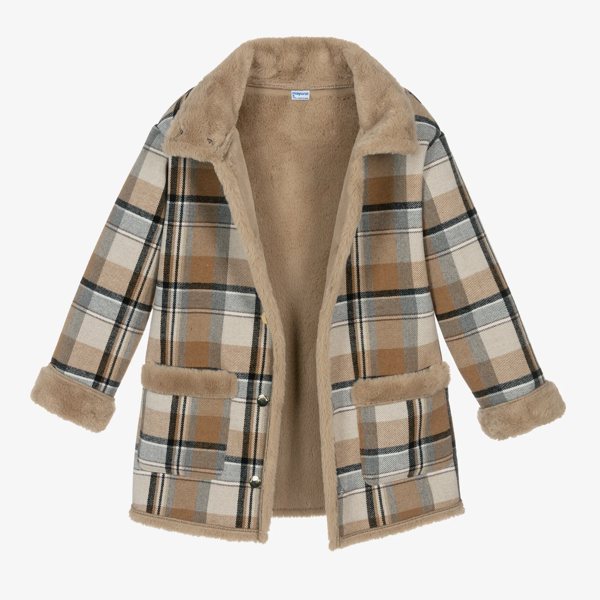 Girls Beige Checked Coat