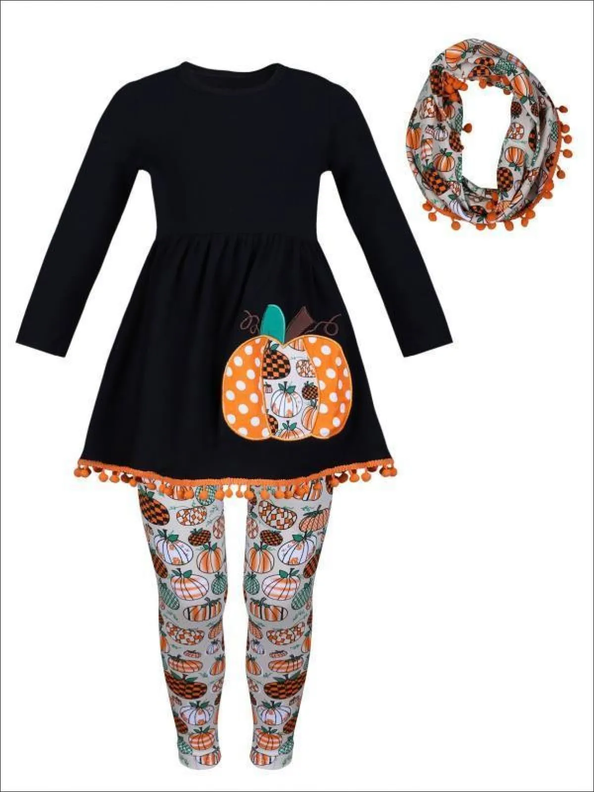 Girls Halloween Themed Pumpkin Printed Long Sleeve Pom Pom Tunic, Leggings And Scarf Set