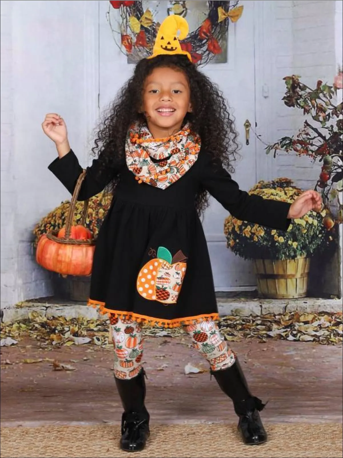 Girls Halloween Themed Pumpkin Printed Long Sleeve Pom Pom Tunic, Leggings And Scarf Set