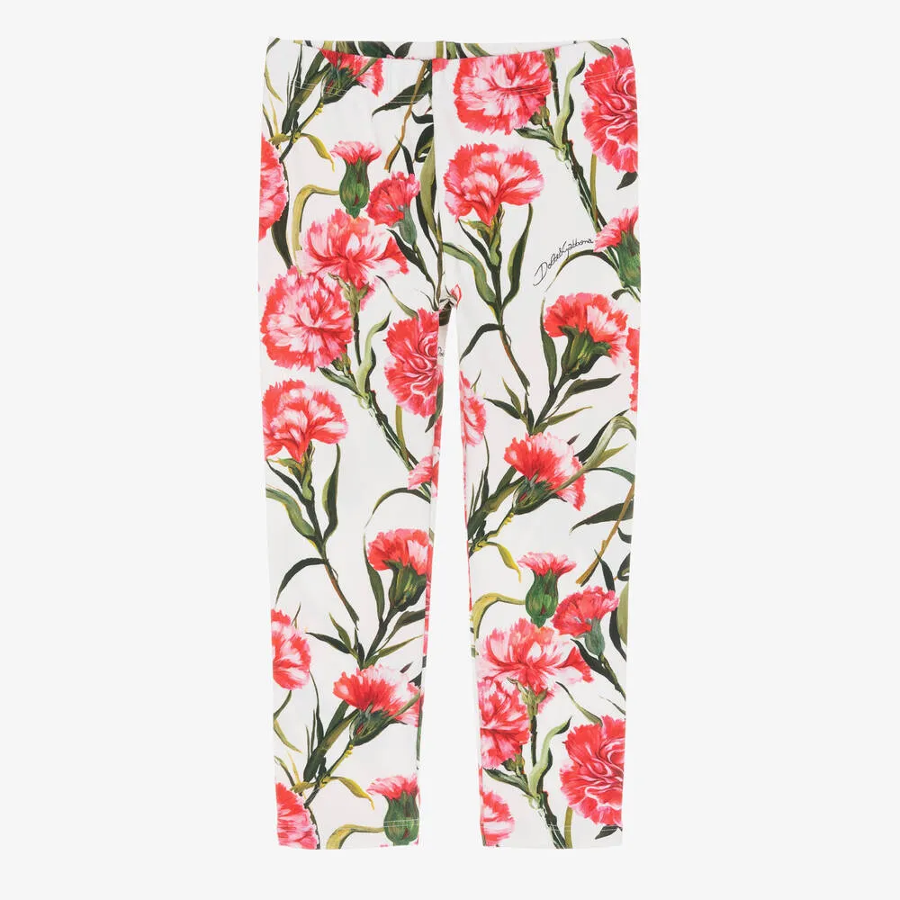 Girls White & Pink Carnation Leggings