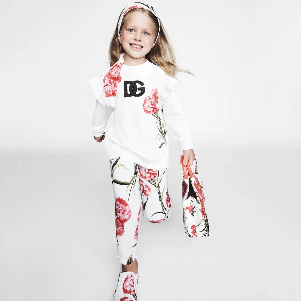 Girls White & Pink Carnation Leggings