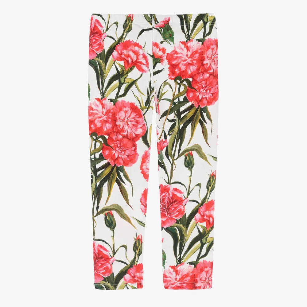 Girls White & Pink Carnation Leggings