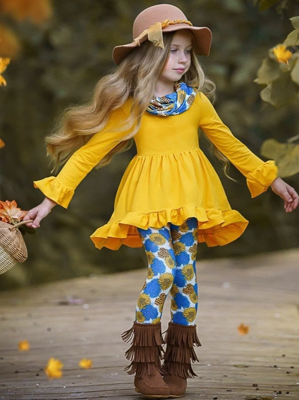 Hearts of Blue Ruffle Tunic, Floral Leggings And Scarf Set